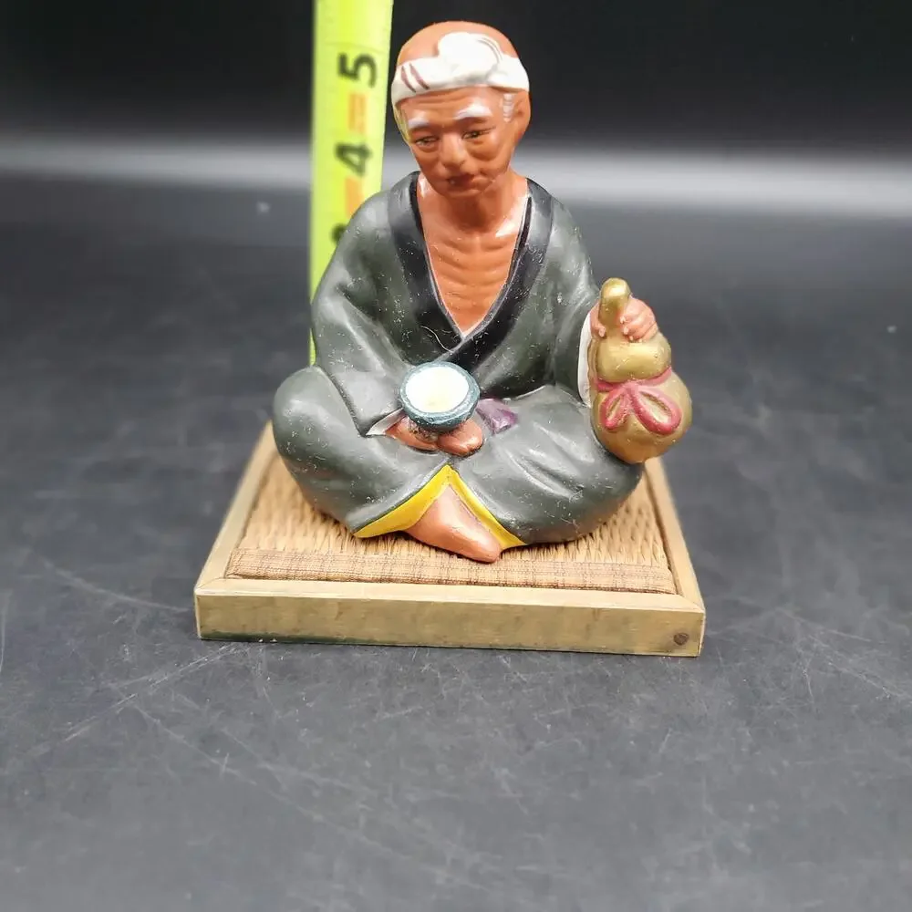 Vintage Asian Seated Man Figurine Holding Gourd Cup Woven Wood Base